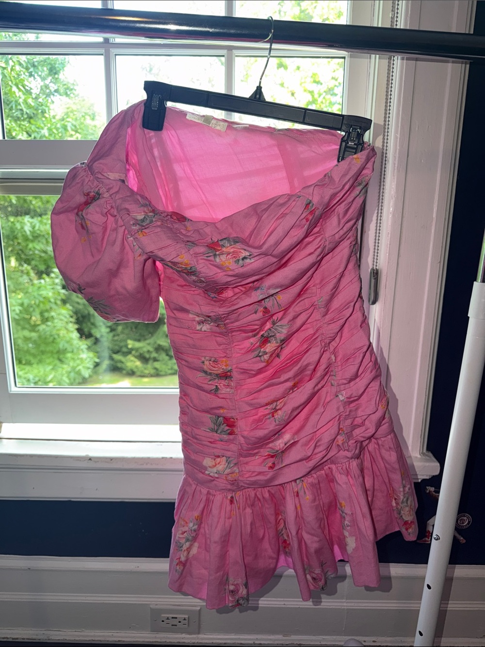LoveShackFancy Pink Ruched One-Shoulder Floral Dress